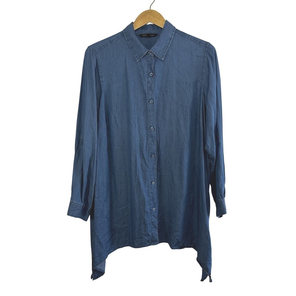 Zac & Rachel Tunic Top‎ Womens 2X Blue Chambray Asymmetrical Button Up Lyocell